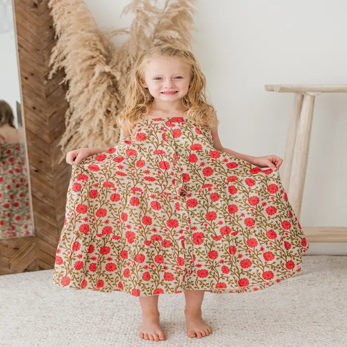 Tan Coral Floral Spaghetti Strap Tiered Dress