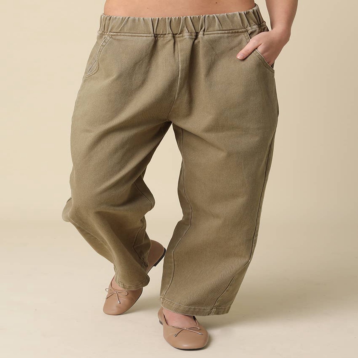 Zoey Elastic-Waist Baggy Pants Lt Olive